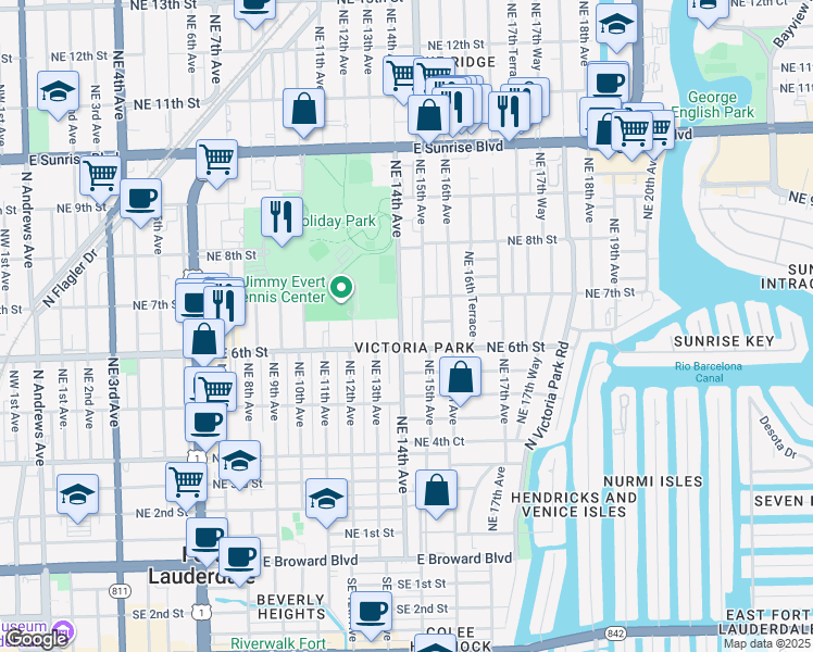 map of restaurants, bars, coffee shops, grocery stores, and more near 640 Northeast 15th Avenue in Fort Lauderdale