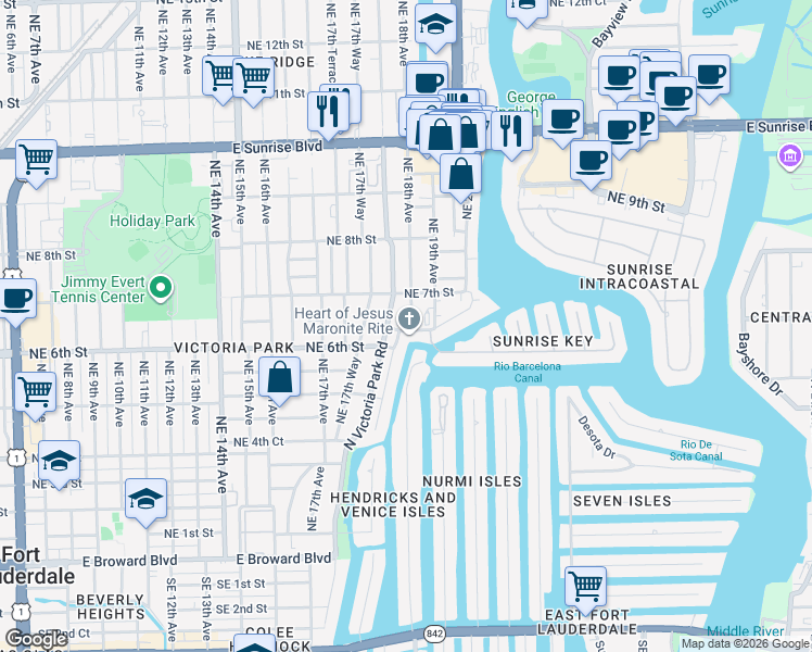 map of restaurants, bars, coffee shops, grocery stores, and more near 638 North Victoria Park Road in Fort Lauderdale