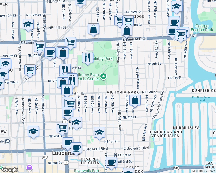 map of restaurants, bars, coffee shops, grocery stores, and more near 701 Northeast 12th Avenue in Fort Lauderdale