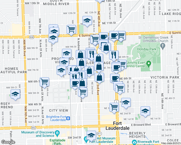 map of restaurants, bars, coffee shops, grocery stores, and more near 150 Northeast 7th Street in Fort Lauderdale