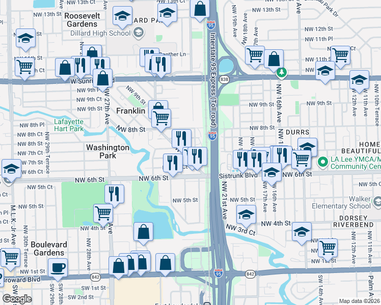 map of restaurants, bars, coffee shops, grocery stores, and more near 2151 Northwest 7th Street in Fort Lauderdale