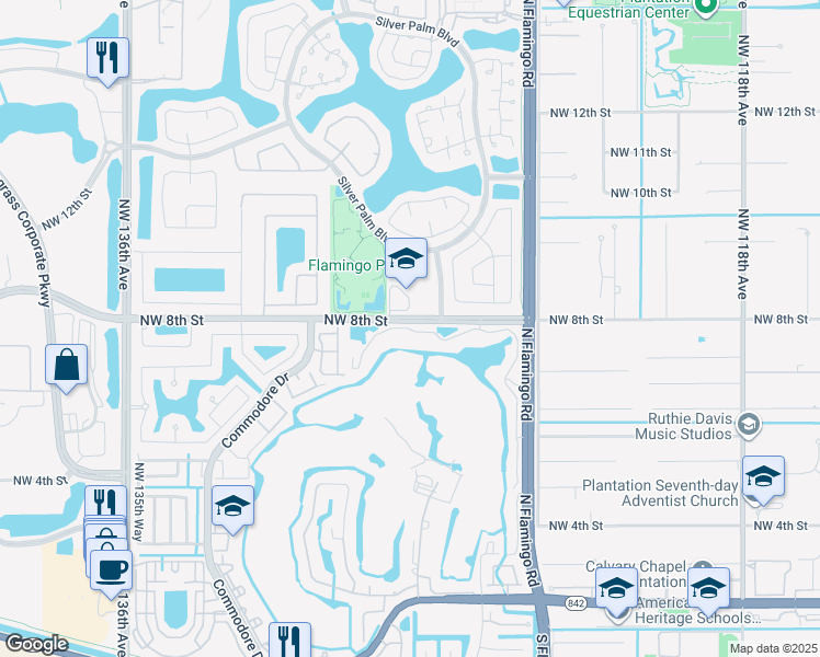 map of restaurants, bars, coffee shops, grocery stores, and more near 47 Vista Isles Drive in Plantation