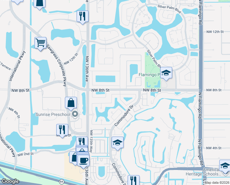 map of restaurants, bars, coffee shops, grocery stores, and more near 13324 Northwest 8th Court in Sunrise