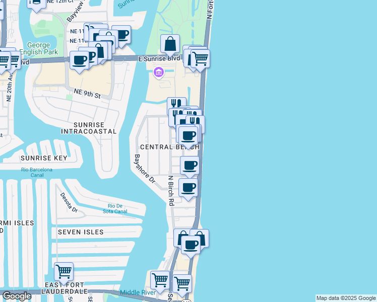 map of restaurants, bars, coffee shops, grocery stores, and more near 600 Breakers Avenue in Fort Lauderdale