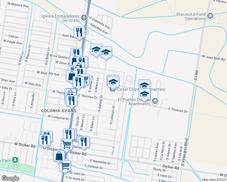 map of restaurants, bars, coffee shops, grocery stores, and more near 401 East Thomas Drive in Pharr