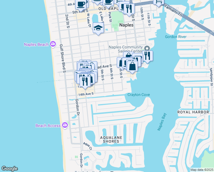 map of restaurants, bars, coffee shops, grocery stores, and more near 544 13th Avenue South in Naples