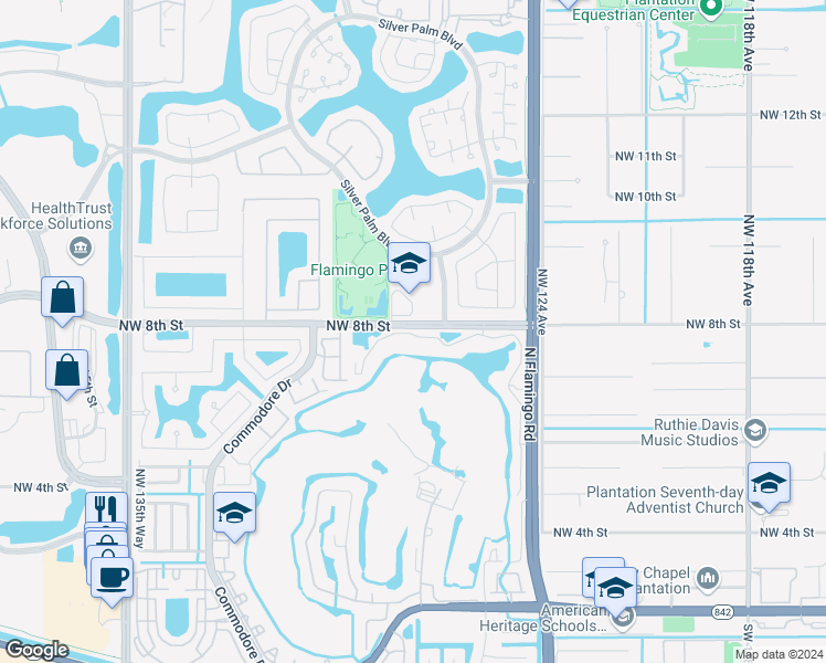 map of restaurants, bars, coffee shops, grocery stores, and more near 47 Vista Isles Drive in Plantation