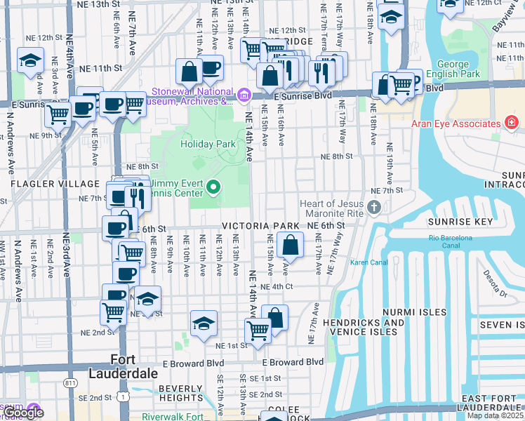 map of restaurants, bars, coffee shops, grocery stores, and more near 640 Northeast 15th Avenue in Fort Lauderdale