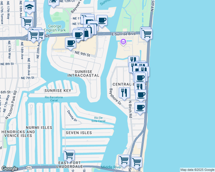 map of restaurants, bars, coffee shops, grocery stores, and more near 609 Bayshore Drive in Fort Lauderdale