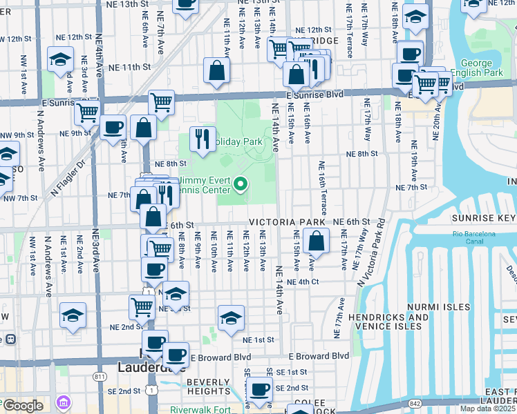 map of restaurants, bars, coffee shops, grocery stores, and more near 630 Northeast 13th Avenue in Fort Lauderdale