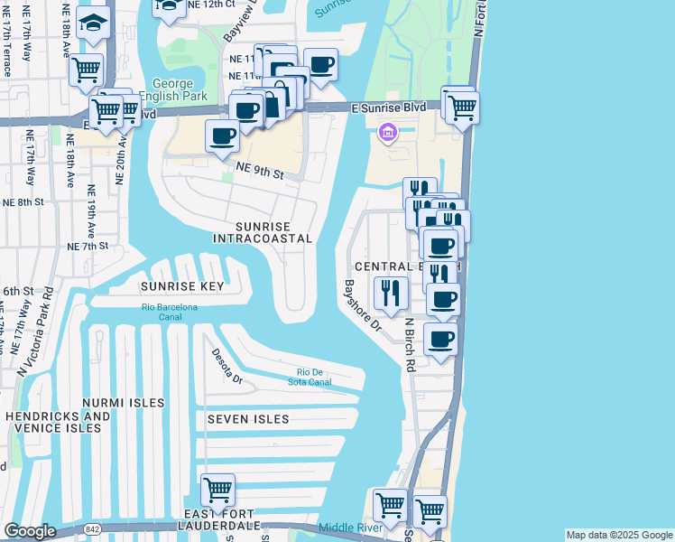 map of restaurants, bars, coffee shops, grocery stores, and more near 609 Bayshore Drive in Fort Lauderdale