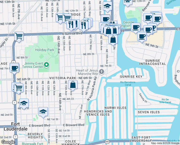 map of restaurants, bars, coffee shops, grocery stores, and more near 635 Northeast 17th Way in Fort Lauderdale