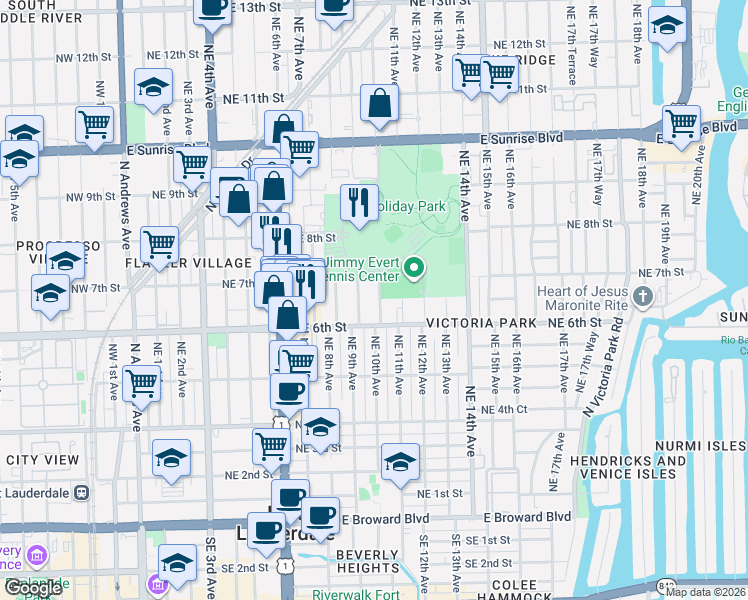 map of restaurants, bars, coffee shops, grocery stores, and more near 645 Northeast 10th Avenue in Fort Lauderdale