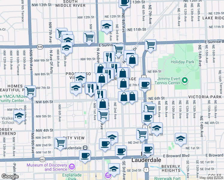 map of restaurants, bars, coffee shops, grocery stores, and more near 150 Northeast 7th Street in Fort Lauderdale