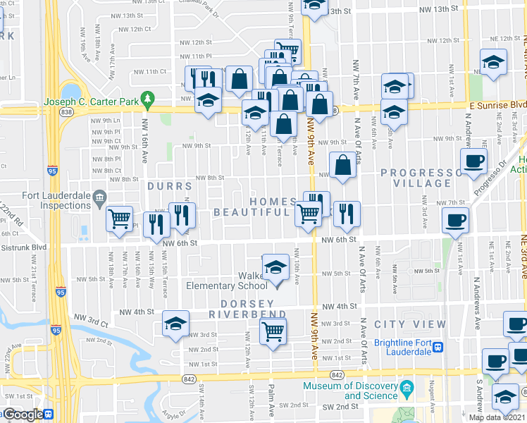 map of restaurants, bars, coffee shops, grocery stores, and more near 1101 Northwest 7th Street in Fort Lauderdale