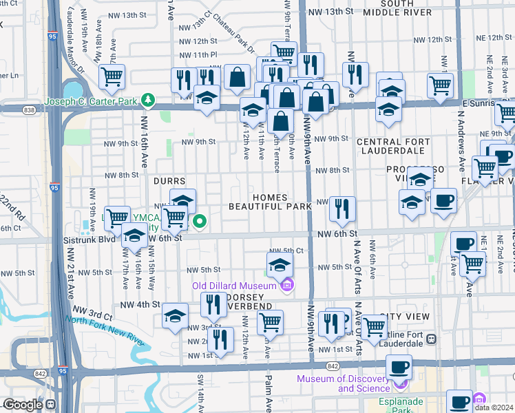 map of restaurants, bars, coffee shops, grocery stores, and more near 1101 Northwest 7th Street in Fort Lauderdale