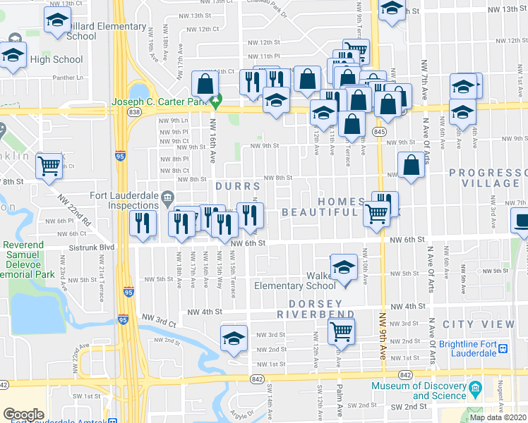 map of restaurants, bars, coffee shops, grocery stores, and more near 715 Northwest 14th Way in Fort Lauderdale