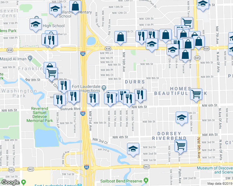 map of restaurants, bars, coffee shops, grocery stores, and more near 1610 Northwest 7th Court in Fort Lauderdale
