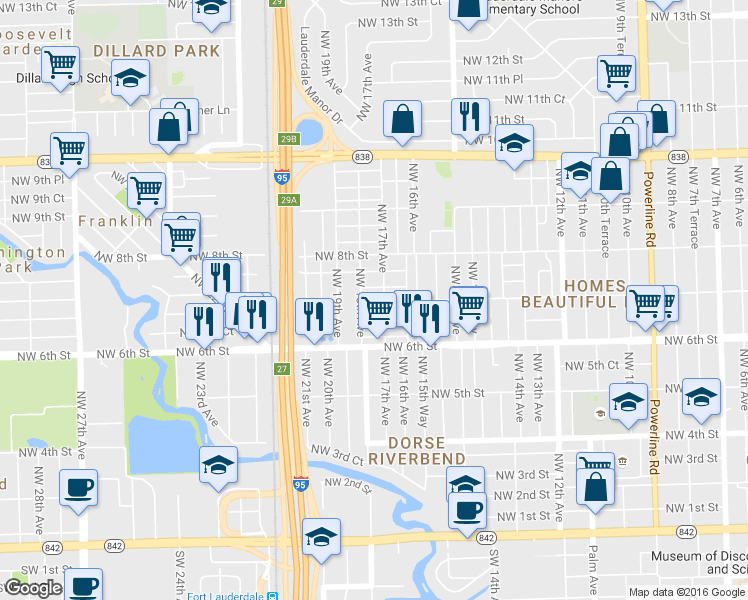 map of restaurants, bars, coffee shops, grocery stores, and more near 1723 Northwest 7th Court in Fort Lauderdale