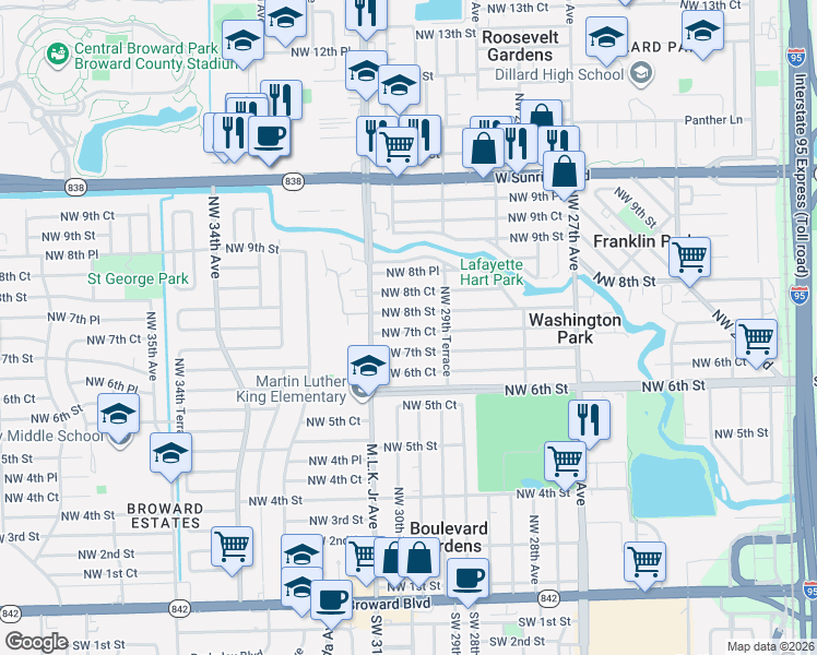 map of restaurants, bars, coffee shops, grocery stores, and more near 3040 Northwest 8th Street in Fort Lauderdale
