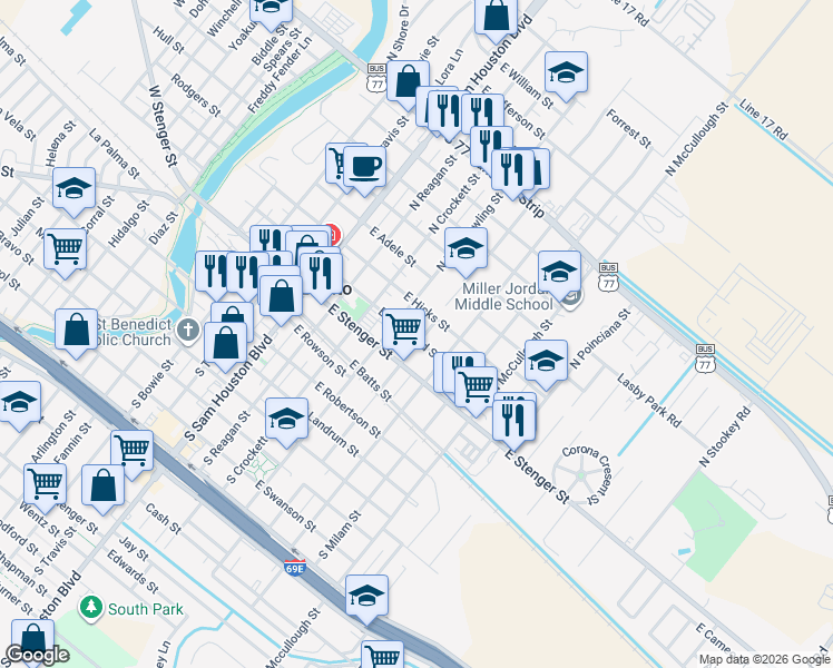 map of restaurants, bars, coffee shops, grocery stores, and more near 324 N Dick Dowling St in San Benito
