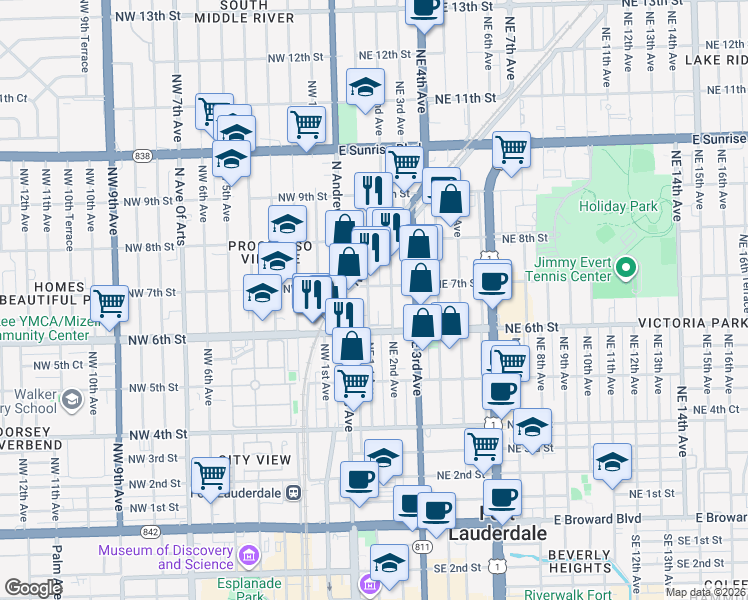 map of restaurants, bars, coffee shops, grocery stores, and more near 150 Northeast 7th Street in Fort Lauderdale