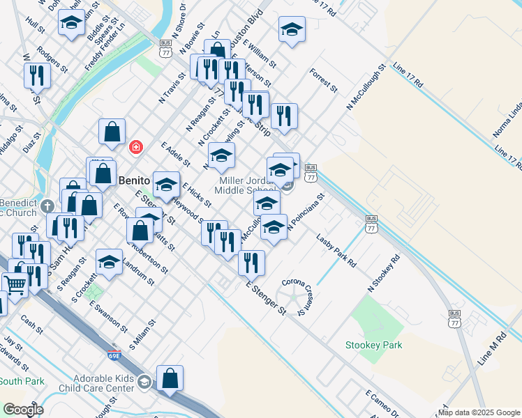 map of restaurants, bars, coffee shops, grocery stores, and more near 590 North Milam Street in San Benito
