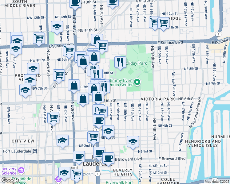 map of restaurants, bars, coffee shops, grocery stores, and more near 822 Northeast 7th Street in Fort Lauderdale