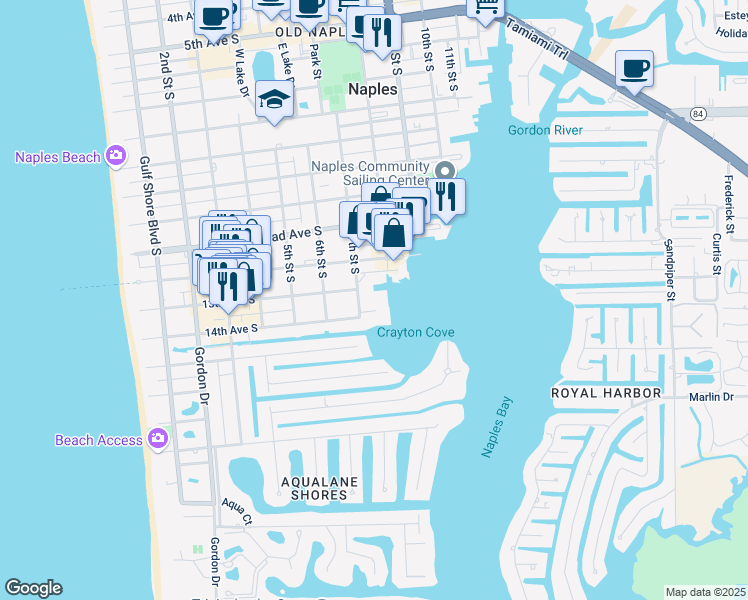 map of restaurants, bars, coffee shops, grocery stores, and more near 1325 7th Street South in Naples