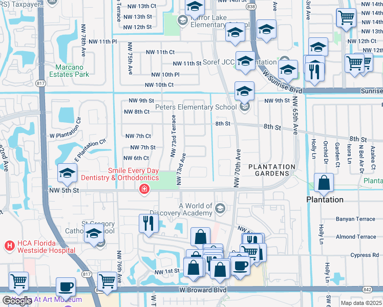 map of restaurants, bars, coffee shops, grocery stores, and more near 7240 Northwest 7th Street in Plantation