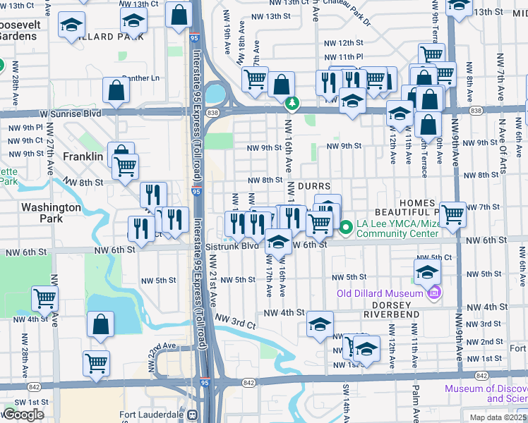 map of restaurants, bars, coffee shops, grocery stores, and more near 1707 Northwest 7th Street in Fort Lauderdale