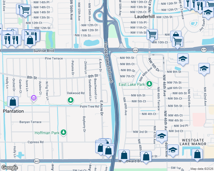 map of restaurants, bars, coffee shops, grocery stores, and more near 5241 Redwood Court in Plantation