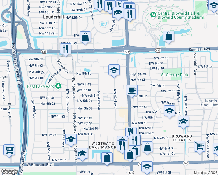 map of restaurants, bars, coffee shops, grocery stores, and more near 651 Northwest 42nd Avenue in Plantation