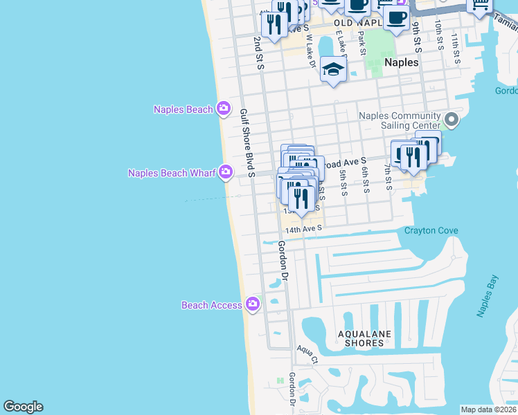 map of restaurants, bars, coffee shops, grocery stores, and more near 12 Gulf Shore Boulevard South in Naples