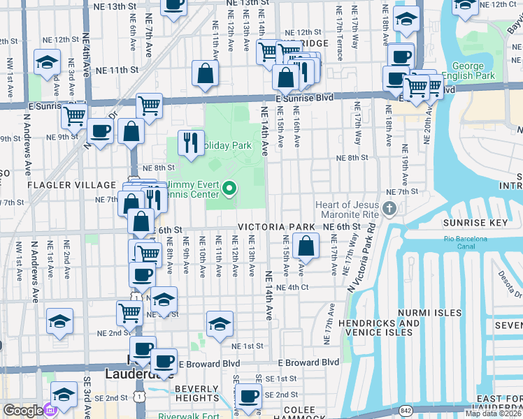 map of restaurants, bars, coffee shops, grocery stores, and more near 630 Northeast 13th Avenue in Fort Lauderdale