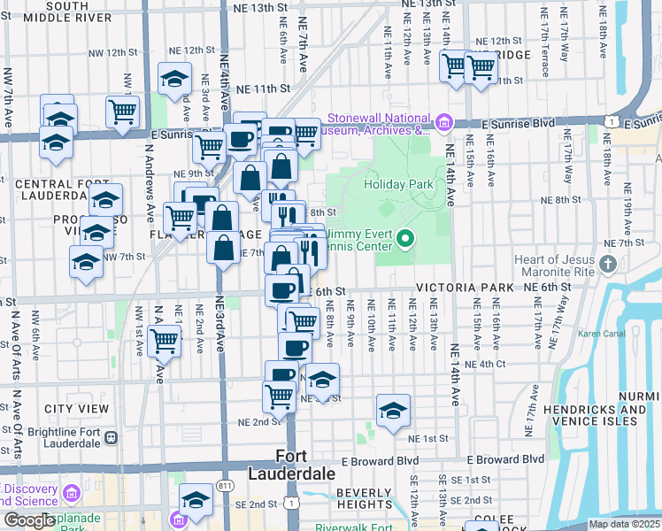 map of restaurants, bars, coffee shops, grocery stores, and more near 640 Northeast 7th Street in Fort Lauderdale