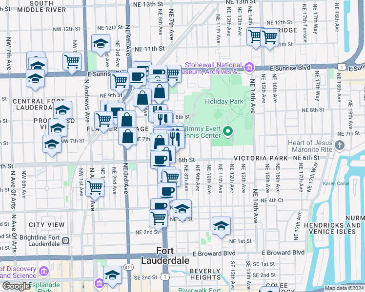 map of restaurants, bars, coffee shops, grocery stores, and more near 640 Northeast 7th Street in Fort Lauderdale