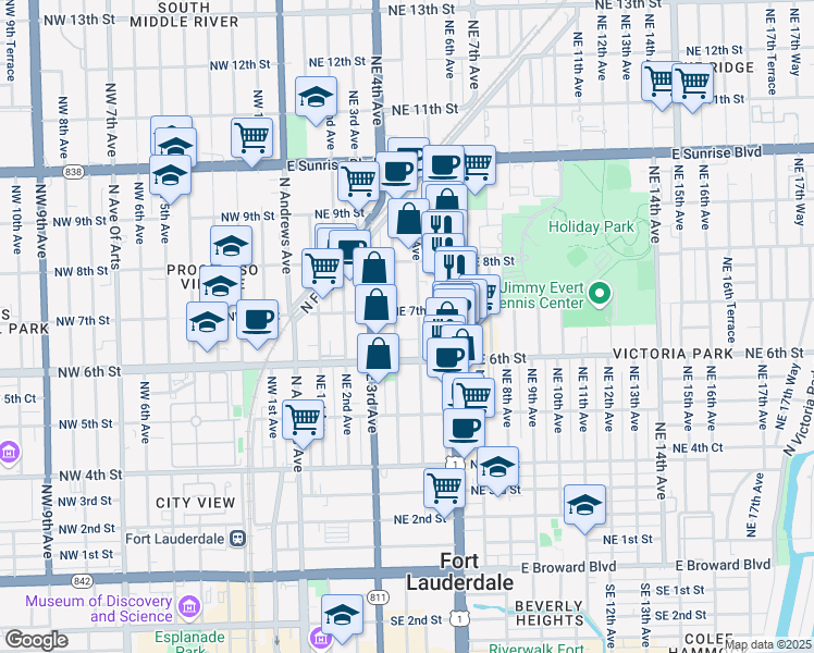 map of restaurants, bars, coffee shops, grocery stores, and more near 651 Northeast 5th Avenue in Fort Lauderdale