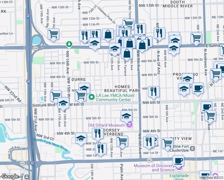 map of restaurants, bars, coffee shops, grocery stores, and more near 1101 Northwest 7th Street in Fort Lauderdale