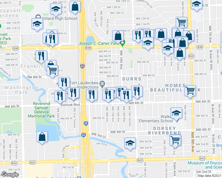 map of restaurants, bars, coffee shops, grocery stores, and more near 1723 Northwest 7th Court in Fort Lauderdale