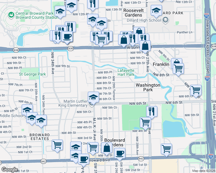 map of restaurants, bars, coffee shops, grocery stores, and more near 2920 Northwest 8th Street in Fort Lauderdale