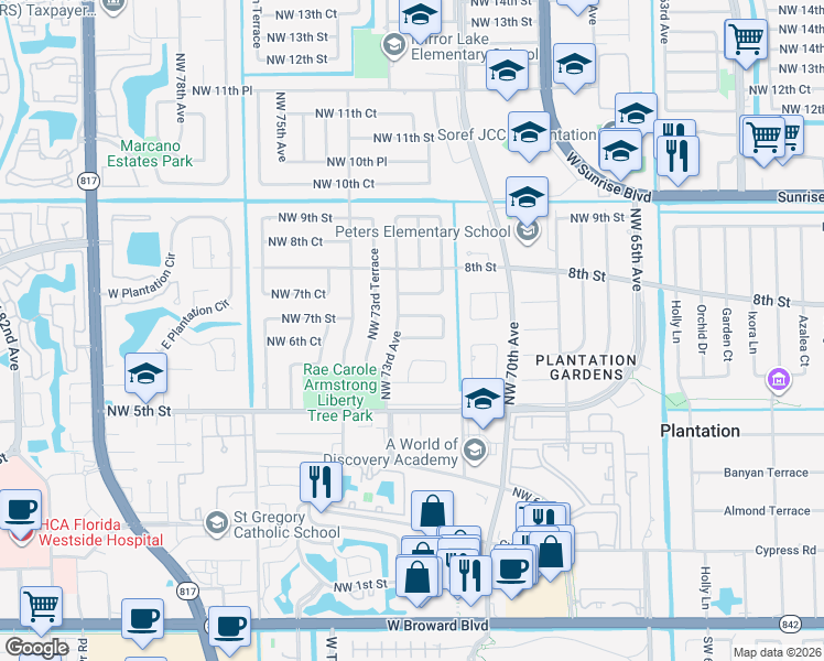 map of restaurants, bars, coffee shops, grocery stores, and more near 7240 Northwest 7th Street in Plantation