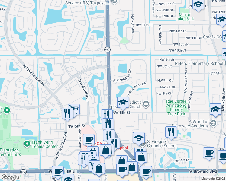 map of restaurants, bars, coffee shops, grocery stores, and more near 654 North University Drive in Plantation