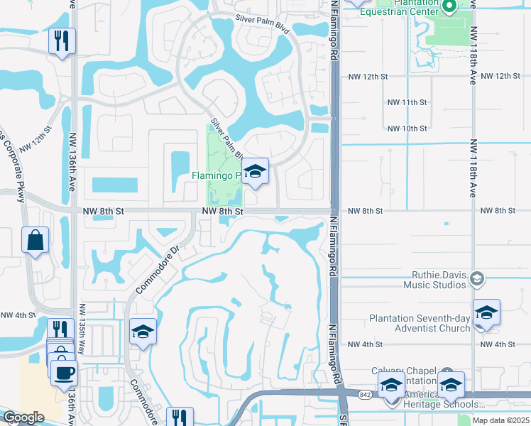 map of restaurants, bars, coffee shops, grocery stores, and more near 47 Vista Isles Drive in Plantation
