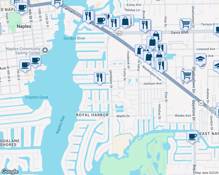 map of restaurants, bars, coffee shops, grocery stores, and more near 1686 Jewel Box Avenue in Naples