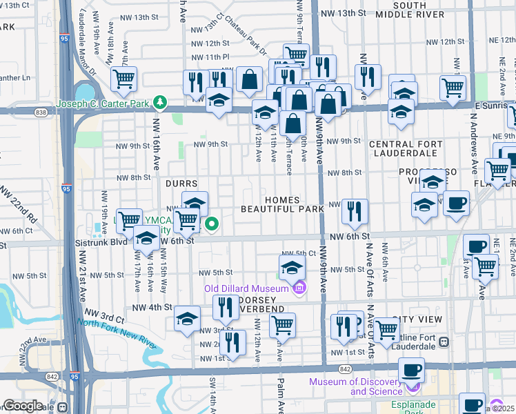 map of restaurants, bars, coffee shops, grocery stores, and more near 1221 Northwest 7th Street in Fort Lauderdale