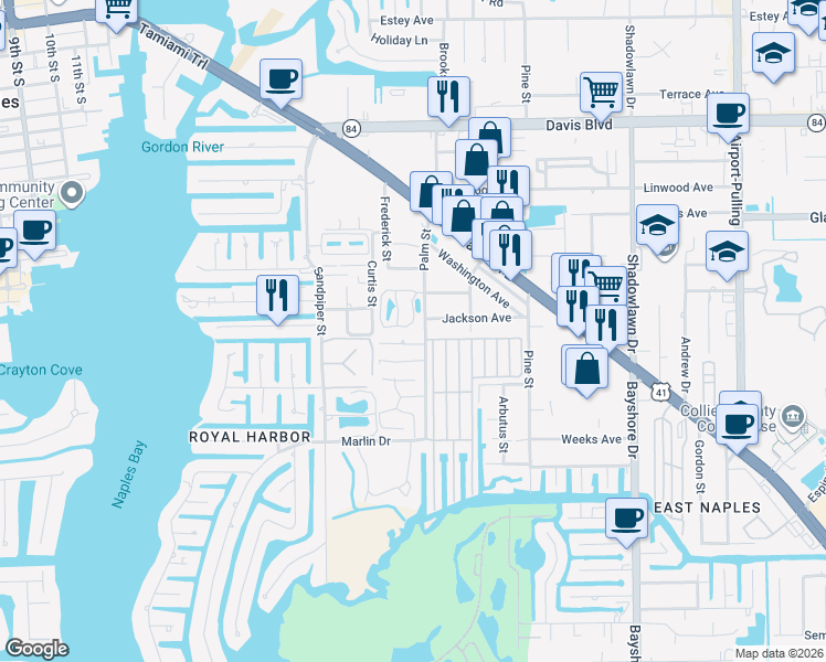 map of restaurants, bars, coffee shops, grocery stores, and more near 2301 Palm Street in Naples