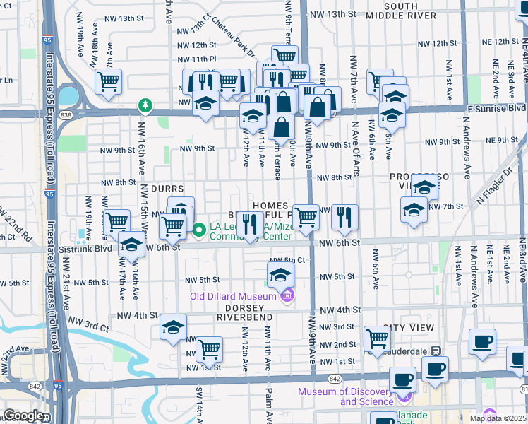 map of restaurants, bars, coffee shops, grocery stores, and more near 1101 Northwest 7th Street in Fort Lauderdale