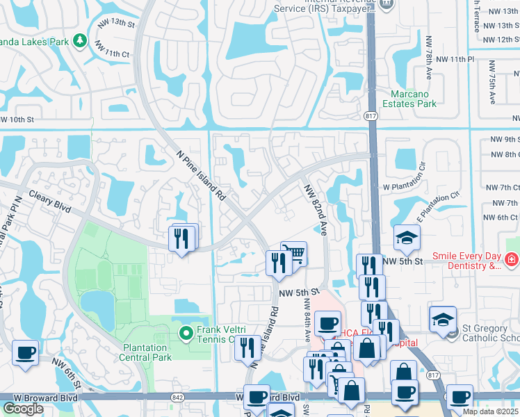 map of restaurants, bars, coffee shops, grocery stores, and more near 8500 Cleary Boulevard in Plantation