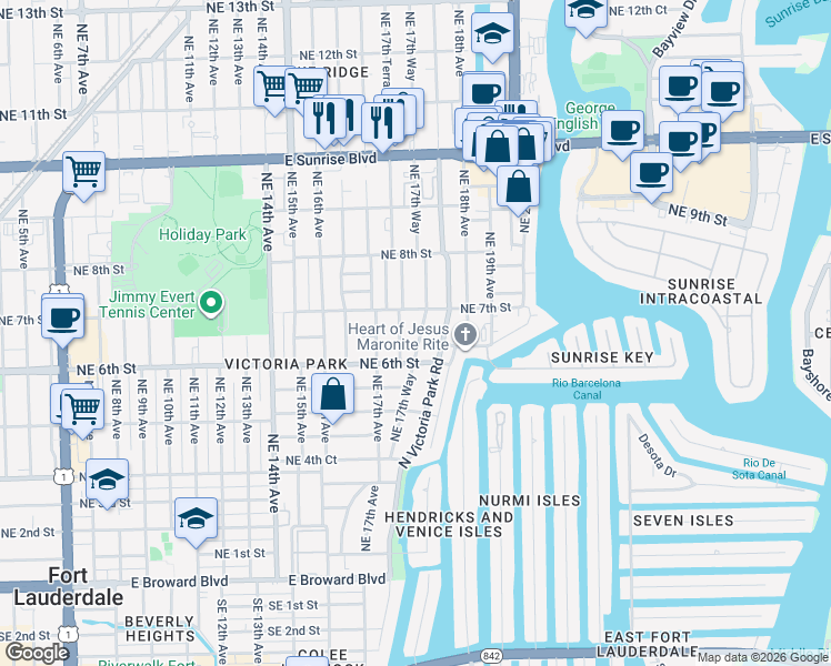 map of restaurants, bars, coffee shops, grocery stores, and more near 635 Northeast 17th Way in Fort Lauderdale